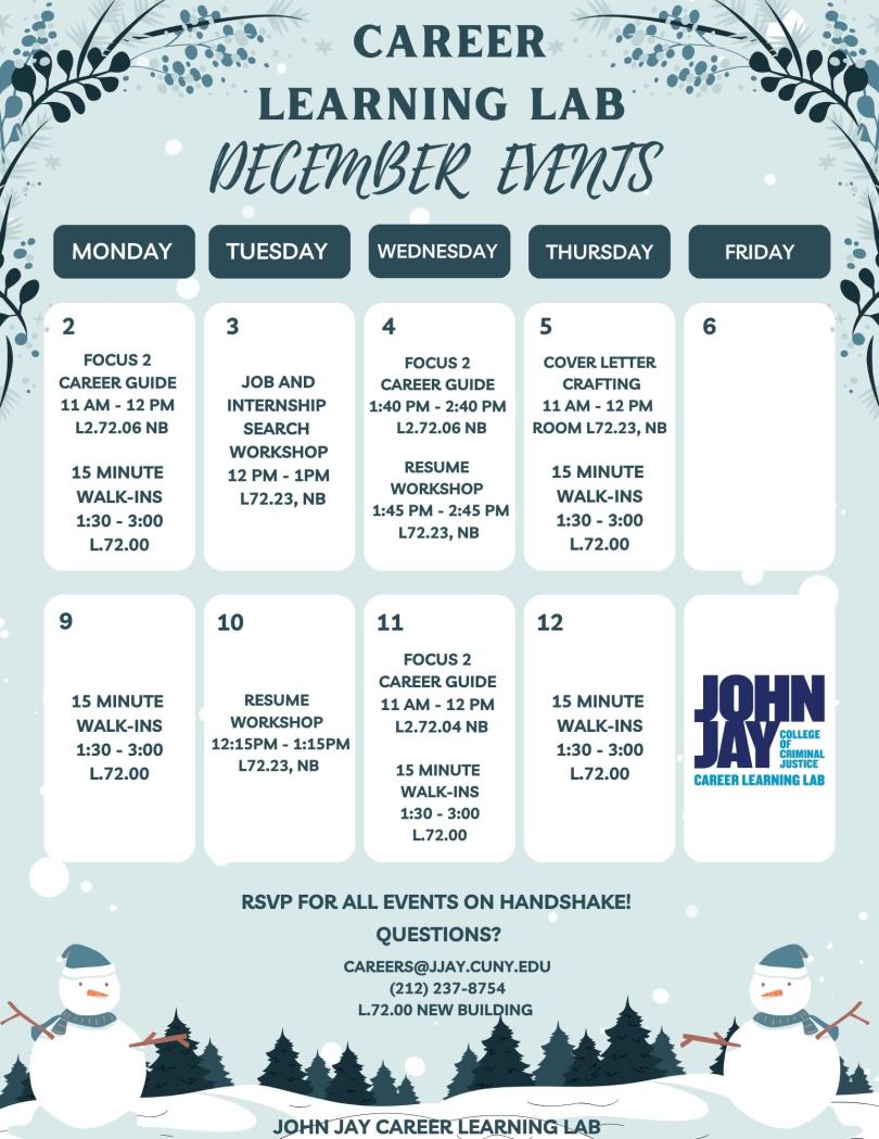 Calendar image of all the December events being held at the Career Learning Lab